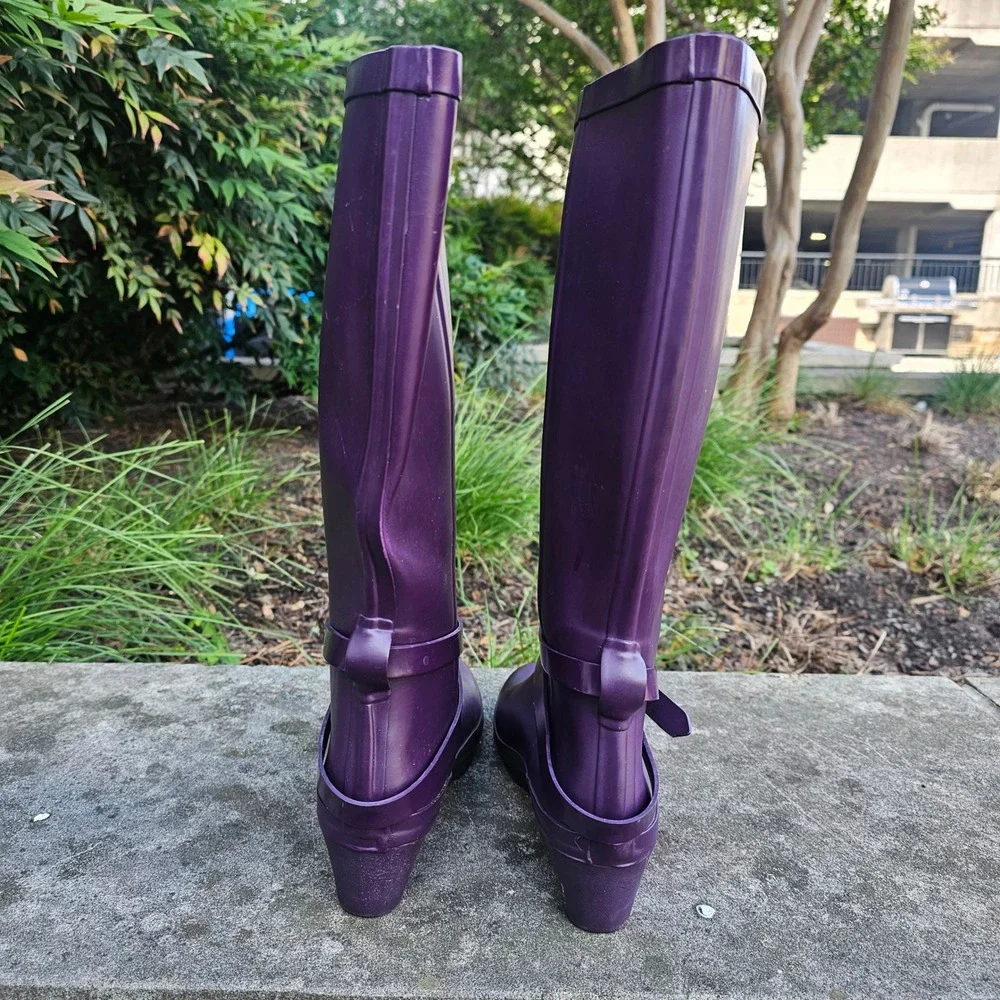 Hunter Andora Rain Boots Womens 7 Purple Wedge Tall Buckle Waterproof Twee 23954